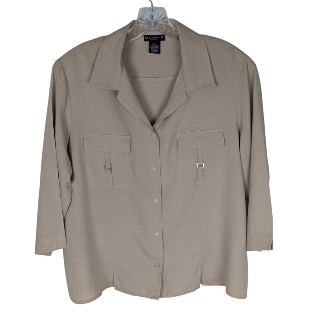 Bay studios career wear Beige wmns shirt Top 100% Silk Size XL Bust44" CB 23.5"